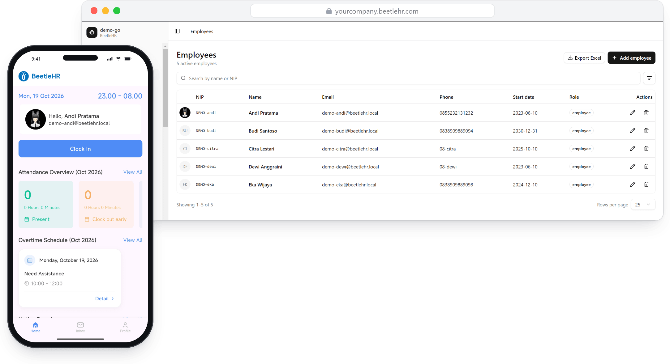Tampilan BeetleHR di dashboard admin dan aplikasi mobile karyawan